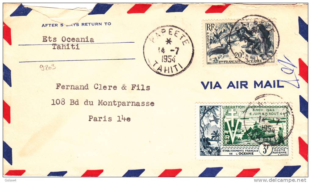 9203# LETTRE PAR AVION Obl PAPEETE TAHITI 1954 VIA AIR MAIL Pour PARIS - Sonstige & Ohne Zuordnung
