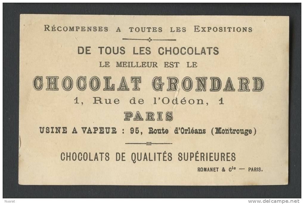 Chocolat Grondard, Chromo Dorée Thème Chimiste, Cherchant Le 8ème Péché, Lith. Romanet - Autres & Non Classés