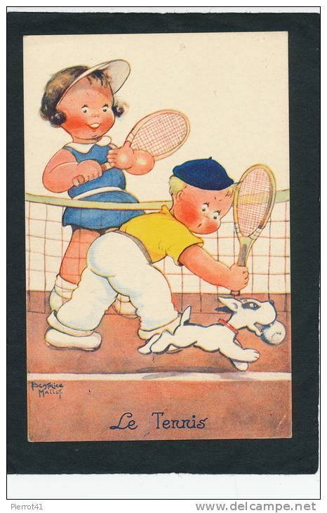 ENFANTS - Jolie Carte Fantaisie Enfants Et Chien Jouant Au Tennis Signée BEATRICE MALLET -  "Le Tennis" - Mallet, B.