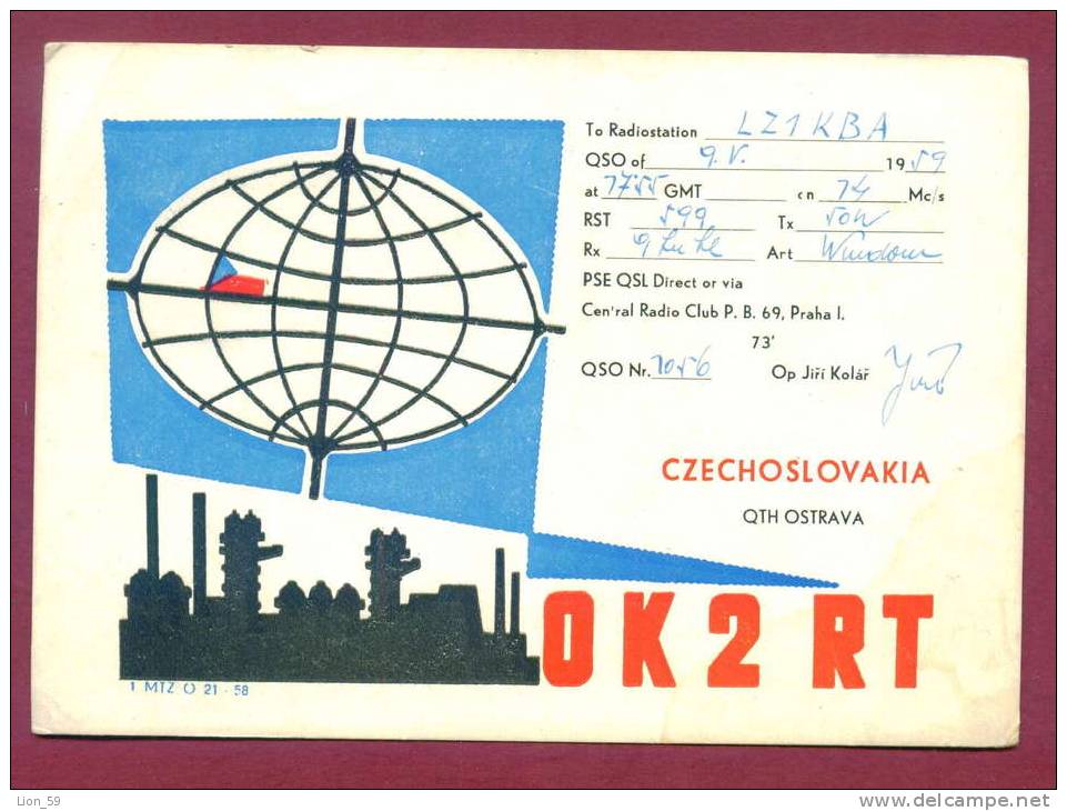 120482 / QSL Card - OK2RT -  1959 Oil Plant , GLOBE FLAG , OSTRAVA Czechoslovakia Tchecoslovaquie Tschechoslowakei - Autres & Non Classés