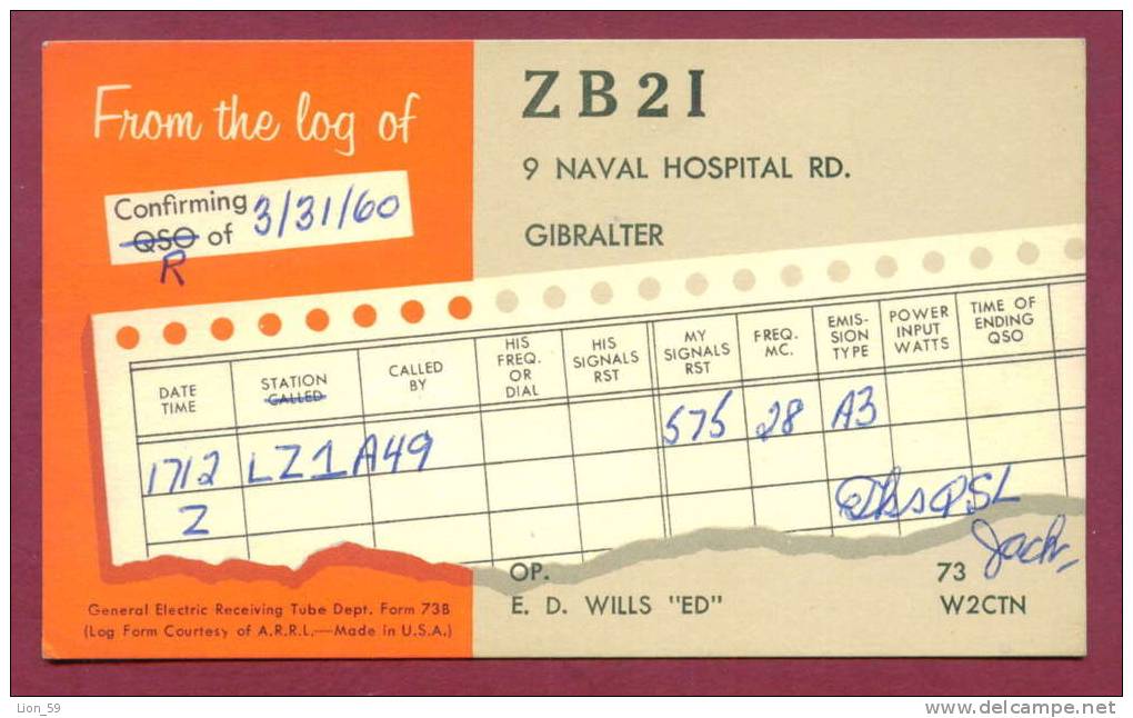 120486 / QSL Card - ZB2I  - 1960 - 9 NAVAL HOSPITAL RD. Gibraltar, To W2CTN ,  AMITYVILLE , N.Y. - Autres & Non Classés