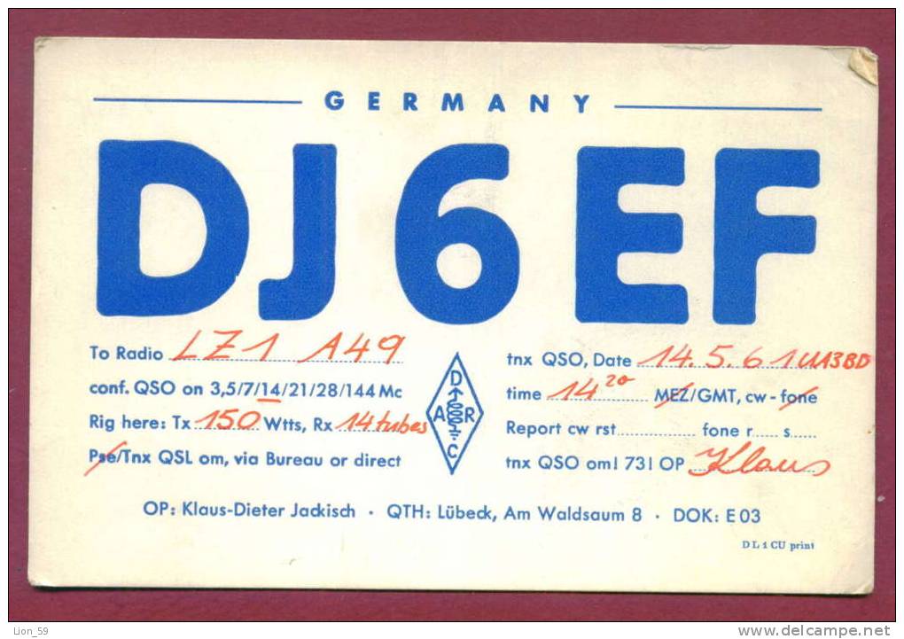 120488 / QSL Card - DJ 6 EF - 1961 Germany Deutschland  Allemagne Germania To Radio LZ1 A49 Sofia BULGARIA - Radio