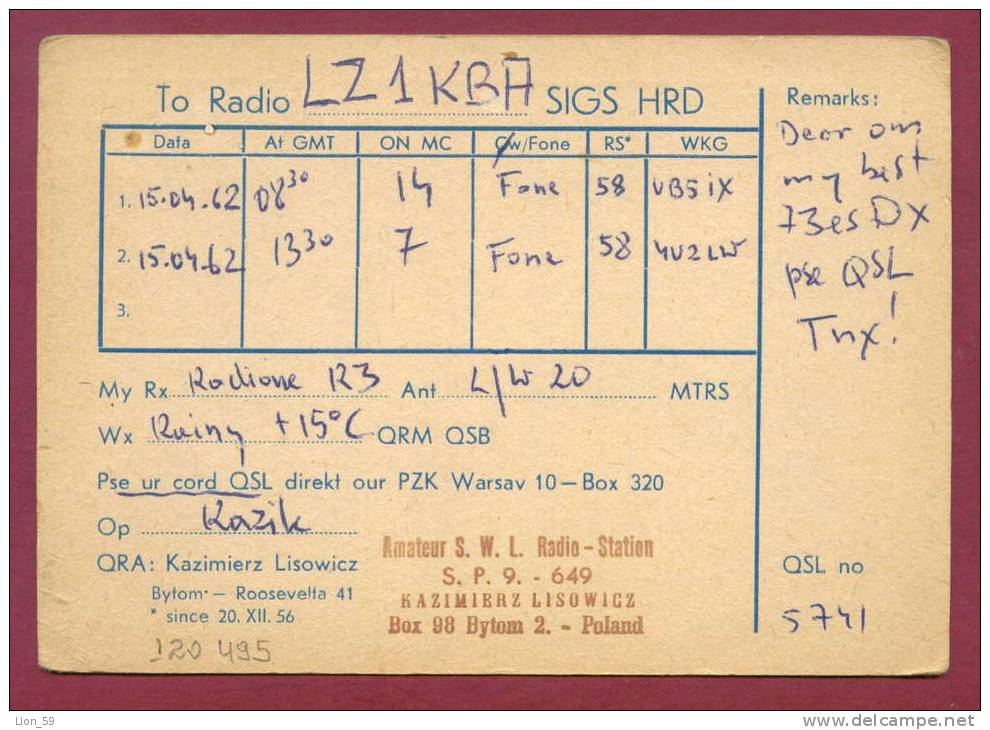 120495 / QSL Card - SP9 - 649 - 1962 BYTOM - Poland Pologne Polen Polonia - Radio