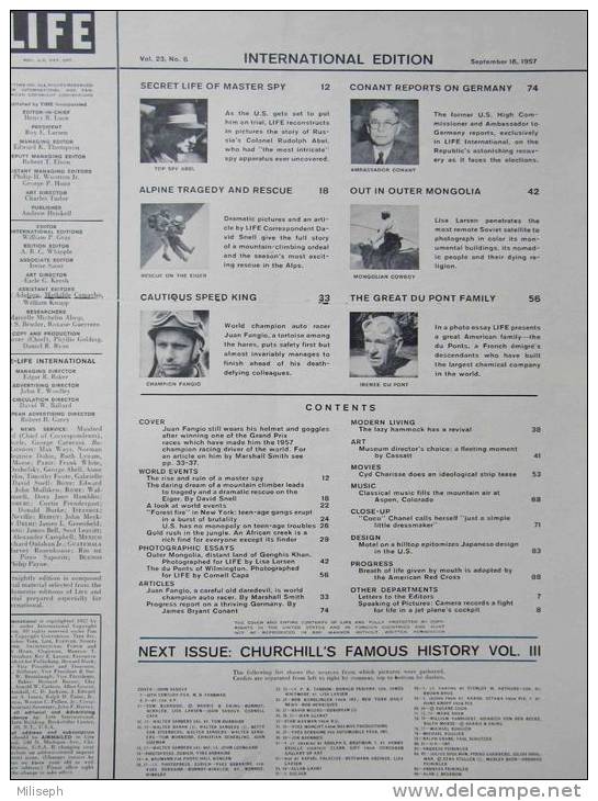 Magazine LIFE - SEPTEMBER 16, 1957 - INTE, ED,- Juan FANGIO -  COCA-COLA - RENAULT - ROLEX -  (3056) - Novedades/Actualidades