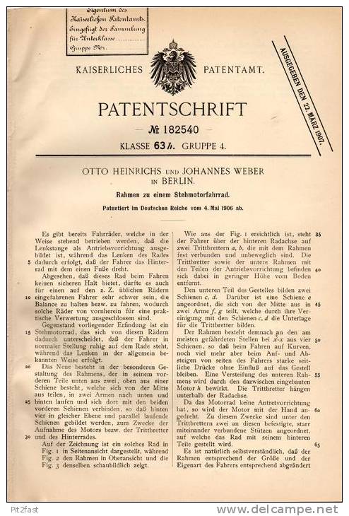 Original Patentschrift - Rahmen Für Motorfahrrad , Motorrad , 1906 ,O. Heinrichs Und J. Weber In Berlin , Stehmotorrad ! - Motorräder