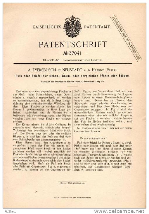 Original Patentschrift - A. Eversbusch In Neustadt A.d. Haardt , 1885 , Fuß Für Rebenstock , Rebe , Wein , Weinbau !!! - Historical Documents