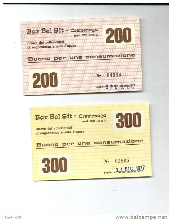 BAR BEL SIT--- CREMENAGA--- RITROVO COLLEZIONISTI--  BUONI CONSUMAZIONE--1977--100-200--300-- - Other & Unclassified