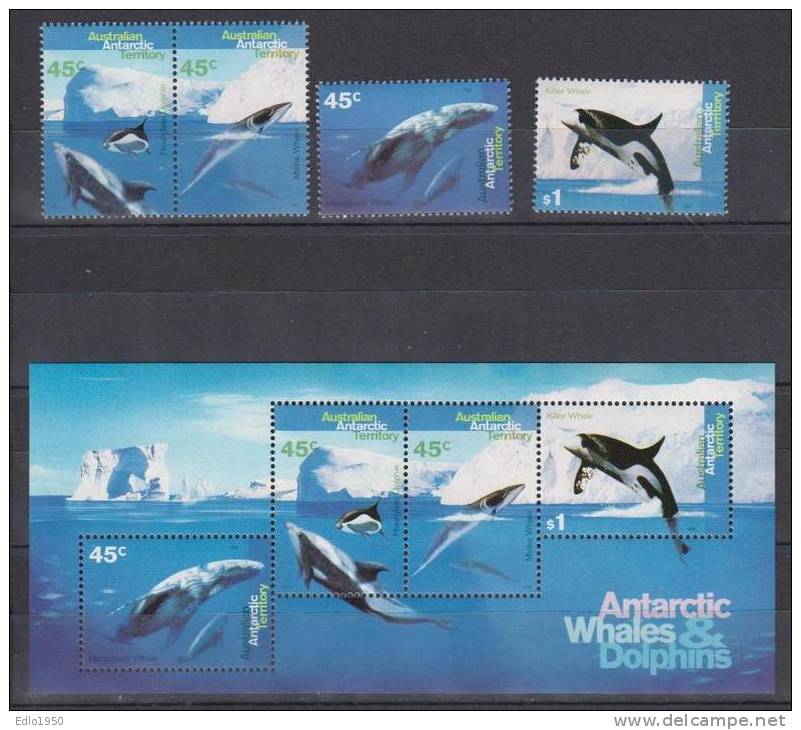 AAT Australian Antarctic Territory -1995 - Whales & Dolphins  -  Mi.102-105+bl.1 - MNH - Unused Stamps