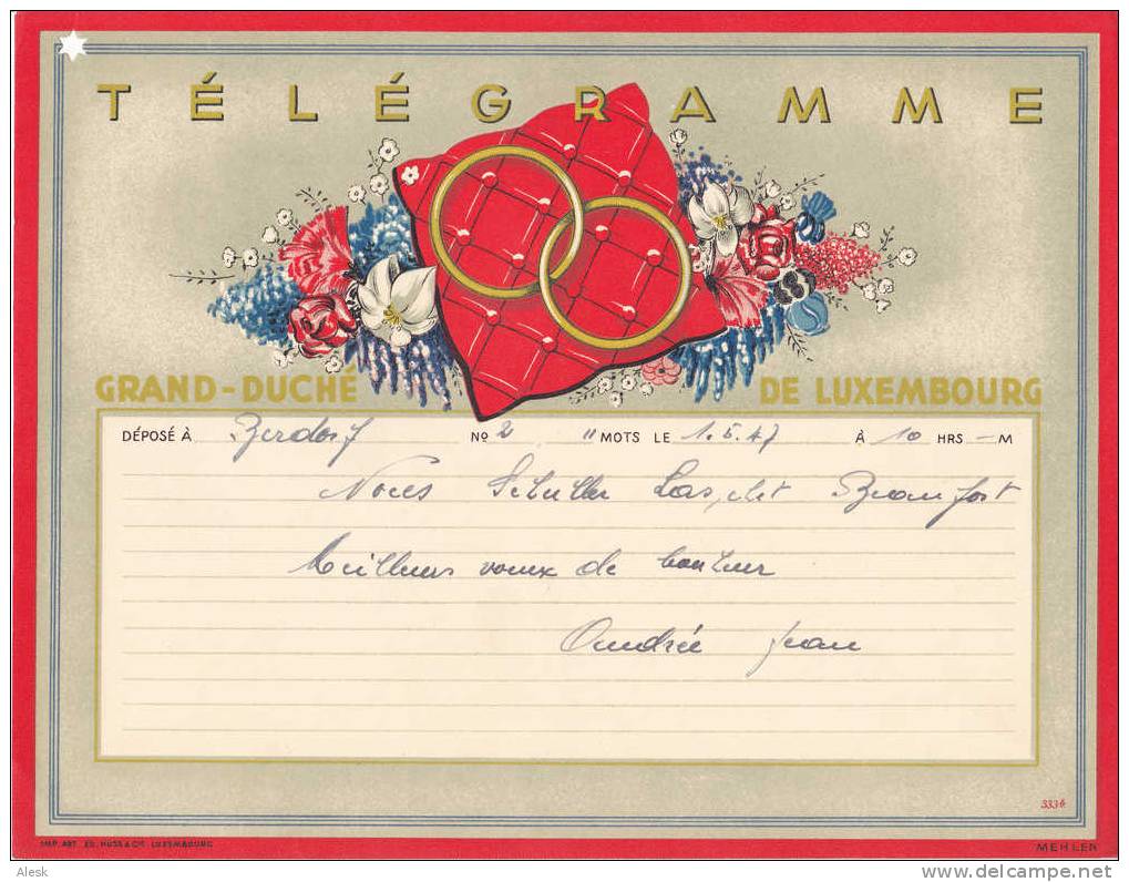 TELEGRAMME FLEURI - Perforation étoile - Année 1947 - Fond Vert Olive - Thème Fleur Coussin Bague Anneaux - Telegraph