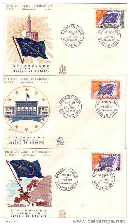 FRANCE 3 ENVELOPPES NUMEROTEES FDC 1ER JOUR CONSEIL DE L EUROPE STRASBOURG 1965 0.30F 0.60F 0.25F DRAPEAU FLAG - 1960-1969