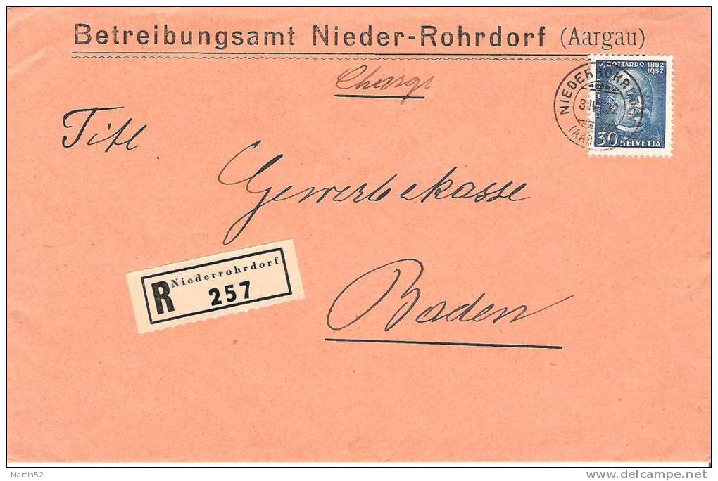 R-Brief Von NIEDERROHRDORF 31.VIII.32 Nach Baden Mit Zu 193 Mi 261 Als EF  (Zumstein CHF 11.00) - Briefe U. Dokumente