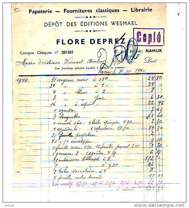 Namur - 1940 - Flore Deprez - Papeterie-fournitures Classiques-librairie - Imprenta & Papelería