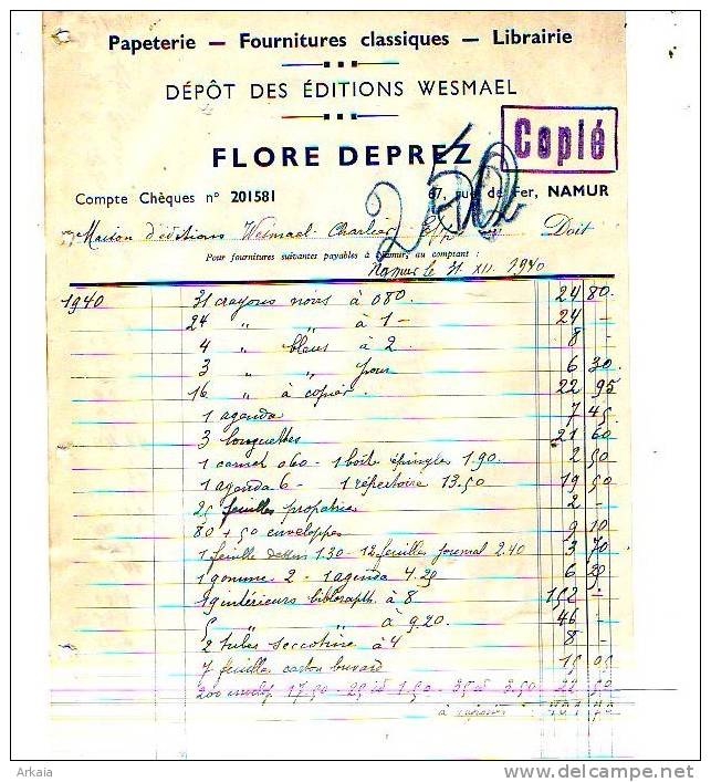 Namur - 1940 - Flore Deprez - Papeterie-fournitures Classiques-librairie - Drukkerij & Papieren
