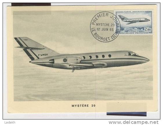 CARTE MAXIMUM # MYSTERE 20 # PREMIER JOUR # 1965 # LE BOURGET # POSTE AERIENNE - Avions