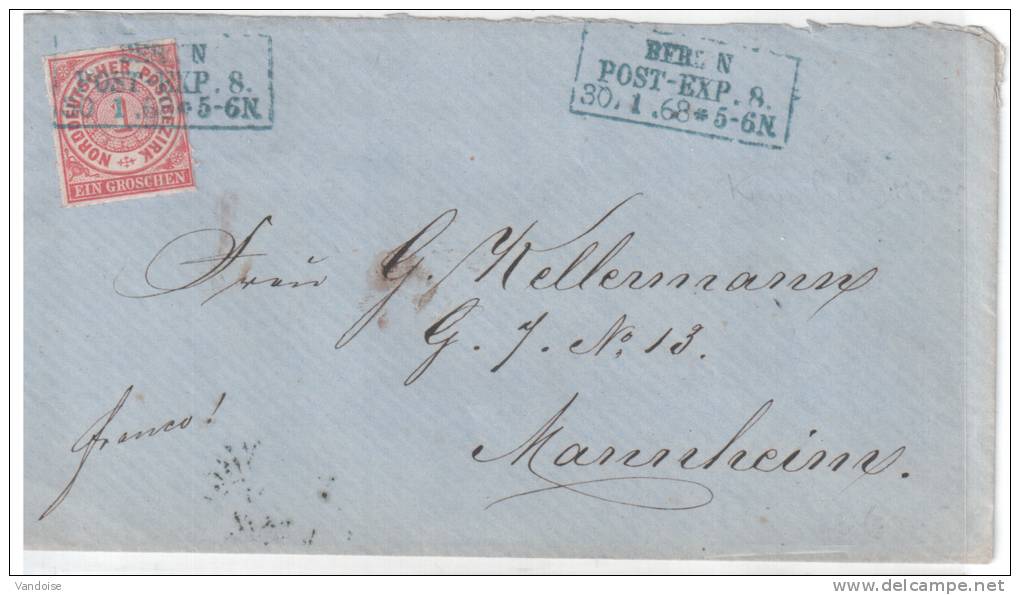 LETTRE DE 1868 AVEC CACHET BLEU BERLIN POST EXP 8. - Lettres & Documents