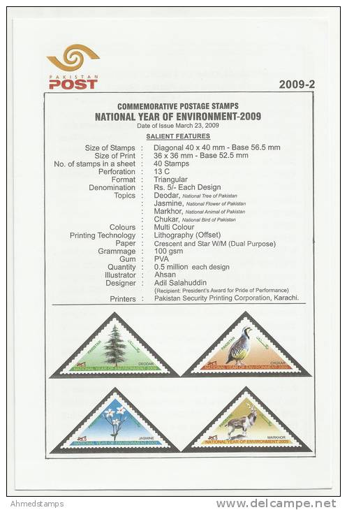 PAKISTAN 2009 MNH LEAFLET BROCHURE WITHOUT STAMP ENVIRONMENT YEAR BIRD BIRDS TRIANGLE UNUSUAL ODD SHAPED - Pakistan