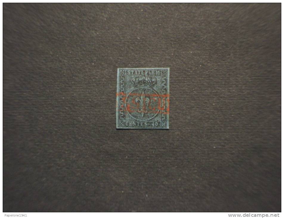 PARMA - 1852 STEMMA 40 C., Annullo ASSICURATO In Rosso(cartella,punti 10)-US(Timbrato) - Parme