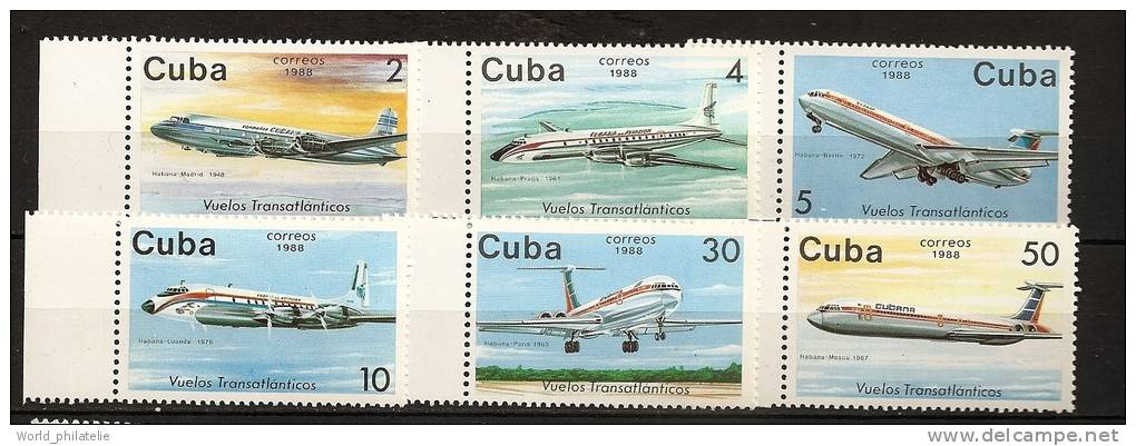 Cuba 1988 N° 2849 / 54 ** Avion, Aviation, Cubana, Vols Transatlantiques, Douglas, Tupolev, Madrid, La Havane, Berlin - Neufs