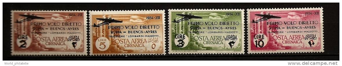 Italie Cyrénaïque Cirenaica 1934 N° PA 20 / 3 * Avion, Premier Vol, Rome, Buenos Aires, Vestiges Romains, Surchargé - Cirenaica