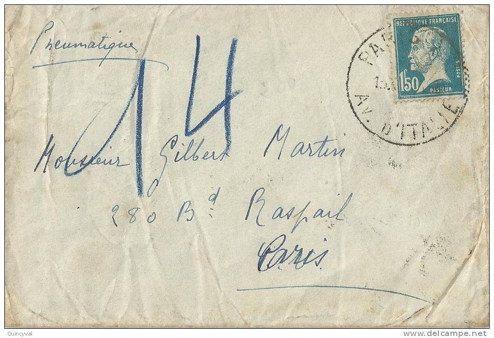 2248 PARIS XIII Av D'Italie Pneumatique Pasteur 1,50 F Bleu 13 11 1930 - Lettres & Documents