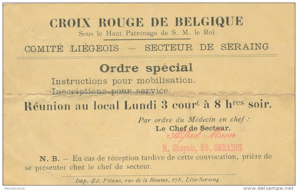 566/20 - PREMIERS MOIS DE GUERRE - IMPRIME TP Pellens JEMEPPE 2 VIII 14 - Croix Rouge SERAING Mobilisation - Autres & Non Classés