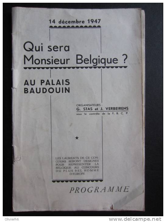 Programme QUI SERA MONSIEUR BELGIQUE? (M34) 1947 (3 Vues) CULTURISME Georges Schiffelers, JM Falise, Pierre Luiten, Etc - Sport & Tourismus