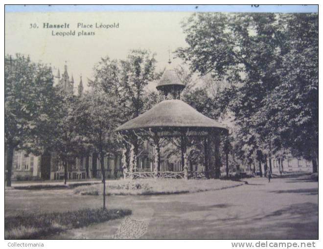 8 postkaarten Hasselt  café au renard route de st Trond,intérieur de la gare,place d´armes,bassin de canal