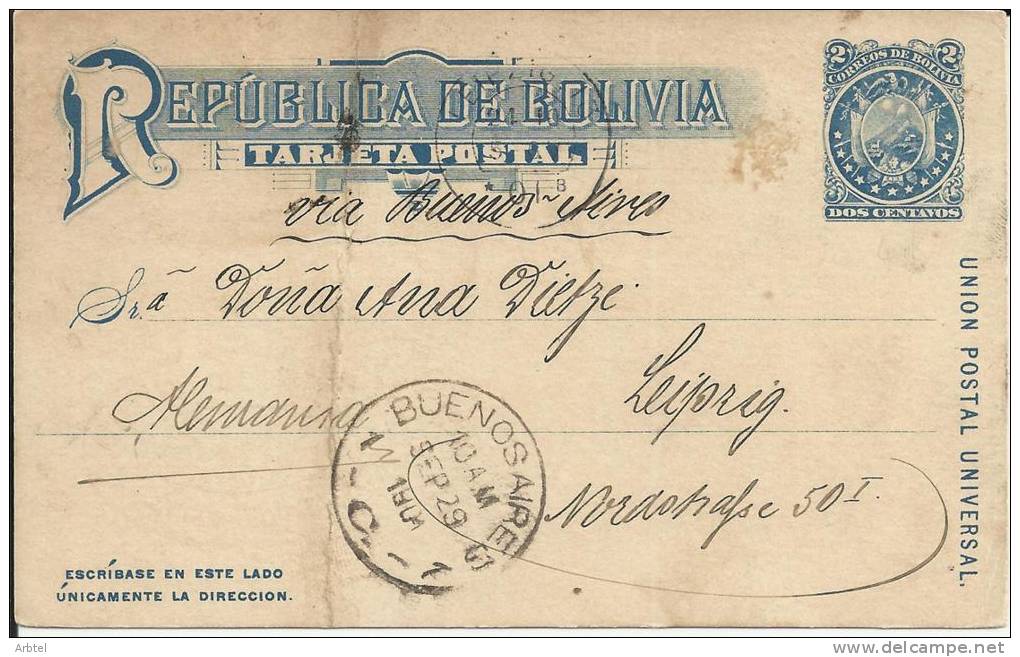 BOLIVIA ENTERO POSTAL DE SUCRE A LEIPZIG 1901 CON MATASELLOS TRANSITO POR BUENOS AIRES - Bolivia