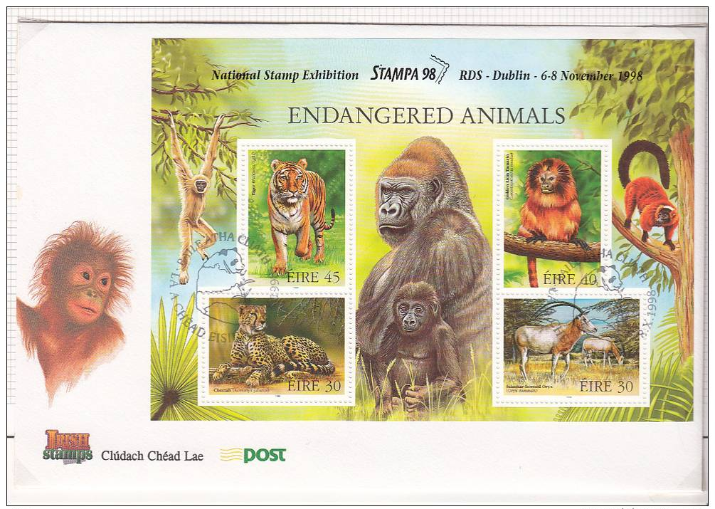 1998 Irlanda Ireland Eire ENDANGERED ANIMALS SG MS 1205 FDC STAMPA 98 - FDC