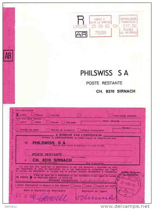 Rare La Boétie 82 Sur Enveloppe Recommandée à Destination De La Suisse - 1981-84 LS & LSA Prototypen