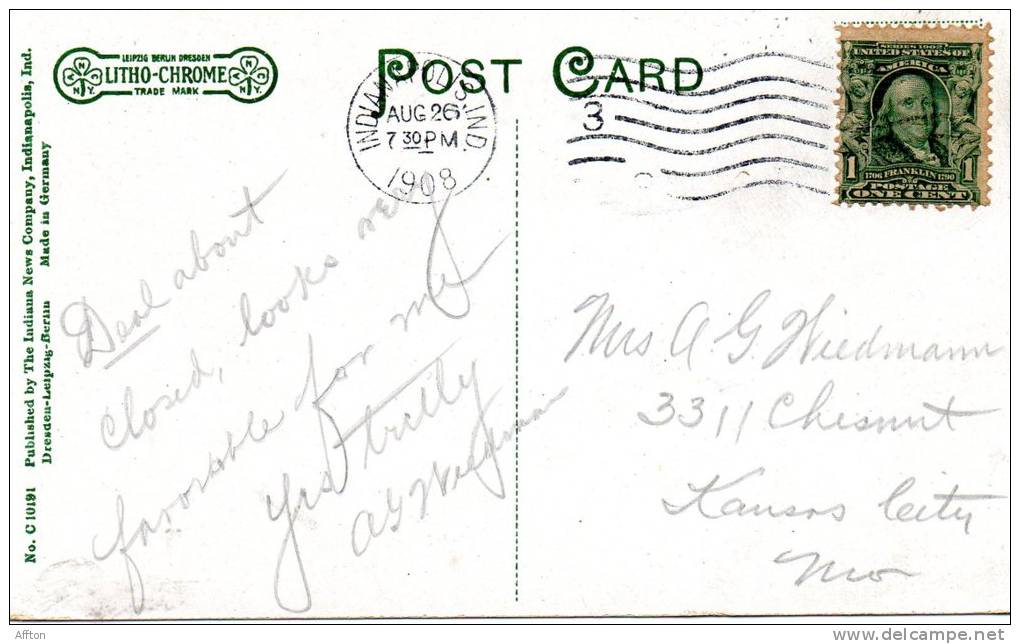 Washington Street & Tram Indianapolis Ind 1908 Postcard - Indianapolis