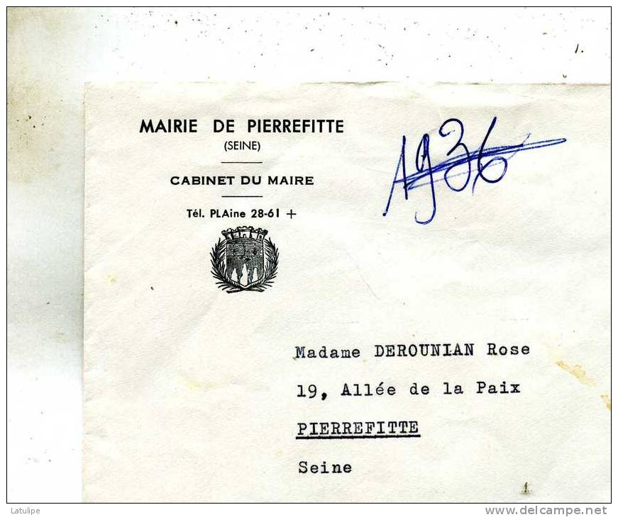 Enveloppe De La Mairie De Pierrefitte (Seine) Cabinet Du Maire Avec Armoirie Adressée A Mme Derounian A Pierrefitte 93 - Mechanical Postmarks (Other)