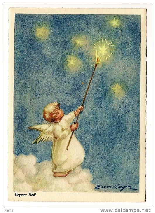 Joyeux Noël  - Illustration Eimkeyn - Ange Allumant Les étoiles - Angel - Back Is Written & Stamped In 1959 - Autres & Non Classés