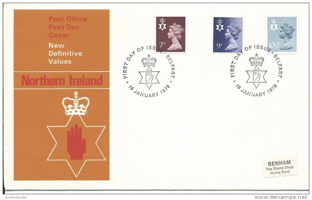 Northern Ireland Definitives 7p,9p & 10 1/2p  As Issued 18h January 1978 Neat Typed Label Address - 1971-1980 Decimal Issues