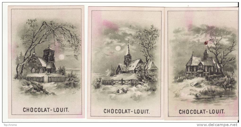 Chromo Chocolat Louit Hiver Neige église Paysage (3 Chromos) - Louit