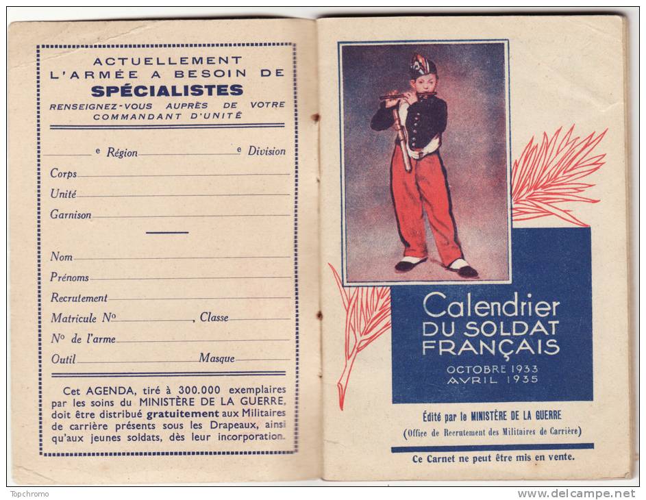 Calendrier Du Soldat Français 66 Pages Octobre 1933 Avril 1935 Agenda Militaria - Tamaño Pequeño : 1921-40