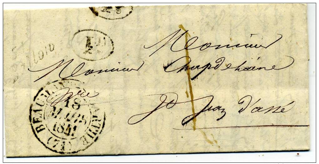 Cursive 71  Ballon Indice 10 Cad Type 13  Beaumont S/ Sarthe 1841 Taxe 1 Décime Rural Pour St Jean D'Assé - 1801-1848: Voorlopers XIX