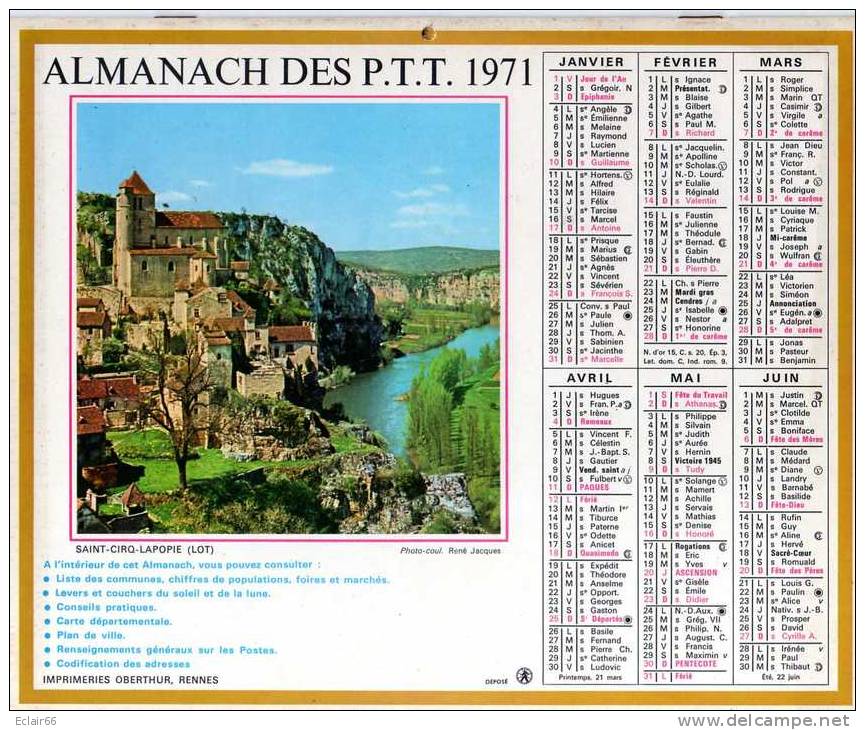 LE CALENDRIERS ALMANACH DES P.T.T.(SOMME) ANNEE DE VOTRE NAISSANCE 1971 DOUBLES PHOTOS INTERIEUR 6 PAGES COMPLET - Grossformat : 1971-80