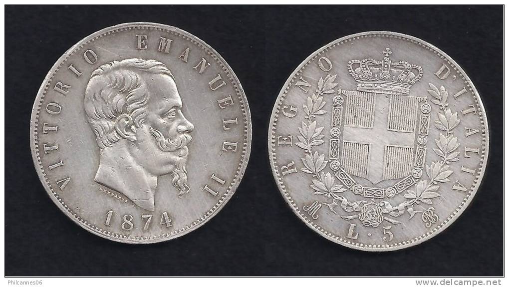 Italie - 5 Lires, Victor Emmanuel II, Argent, 1874, Atelier M / NB - 1861-1878 : Victor Emmanuel II