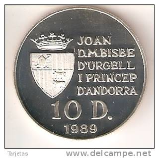 MONEDA DE PLATA DE ANDORRA DE 10 DINERS AÑO 1989 DE LAS OLIMPIADAS DE BARCELONA 1992 (FUTBOL-FOOTBALL) SILVER-ARGENT - Andorra