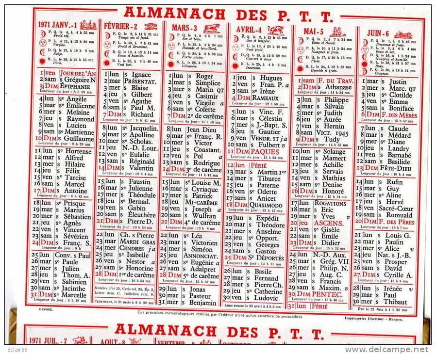 LE CALENDRIERS ALMANACH DES P.T.T.(SOMME) ANNEE DE VOTRE NAISSANCE 1971 UNE GRANDE PHOTO(Saint-Malo) 6 PAGES - Tamaño Grande : 1971-80