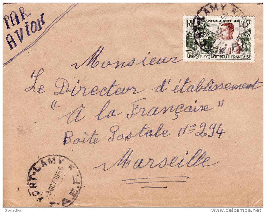 FORT LAMY TCHAD AFRIQUE ANCIENNE COLONIE FRANCAISE LETTRE PAR AVION POUR LA FRANCE MARSEILLE TIMBRE CAD MARCOPHILIE - Cartas & Documentos