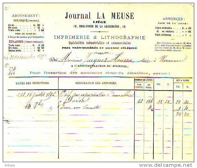 Liège - 1892 - Journal La Meus - Imprimerie & Lithographie - Printing & Stationeries