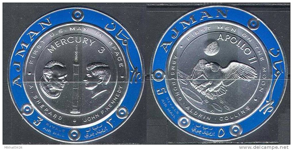 2032 ✅ Space Apollo 11 SILVER Foil 1969 Ajman 2v Set MNH ** Imperf Imp 13ME - Asien
