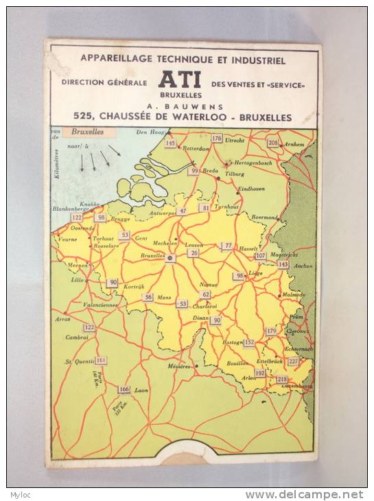 Publicité ATI. Carte à Système Mesurant Les Distances Entre Villes Belges. - Publicités