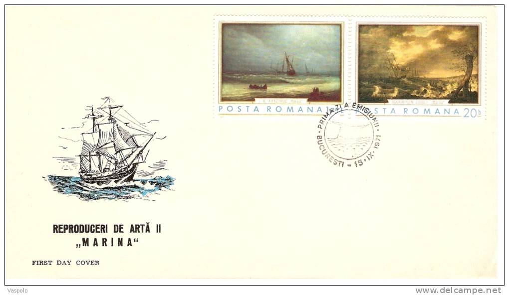 PAINTINGS, BOATS, 1971, SET OF 3 COVER FDC, ROMANIA - FDC