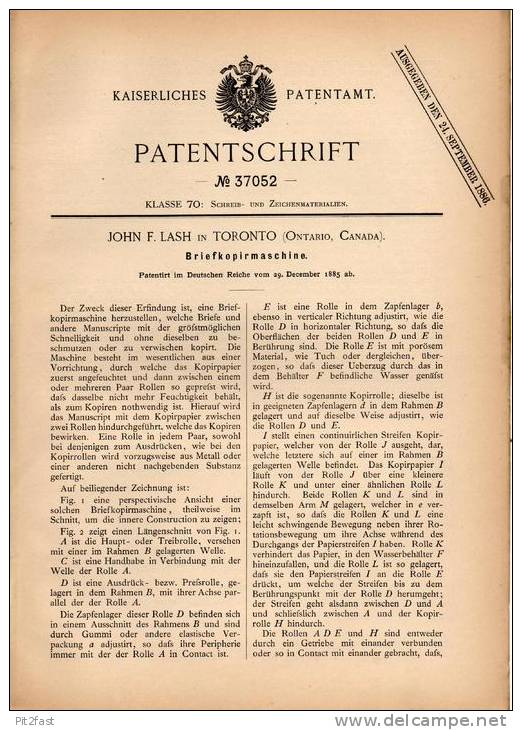 Original Patentschrift - J. Lashi Toronto , 1885 , Copy - Machine , Brief - Kopiermaschine , Letter !!! - Machines