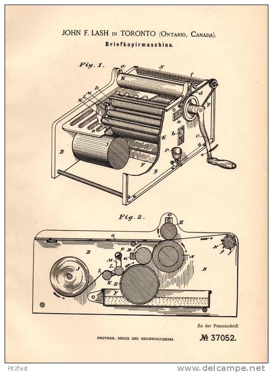 Original Patentschrift - J. Lashi Toronto , 1885 , Copy - Machine , Brief - Kopiermaschine , Letter !!! - Machines