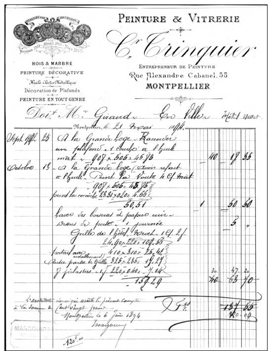 FACTURE  De Cr  TRINQUIER - Entrepreneur De Peinture & Vitrerie , 55, Rue Alexandre Cabanel à MONTPELLIER (34) - 1800 – 1899