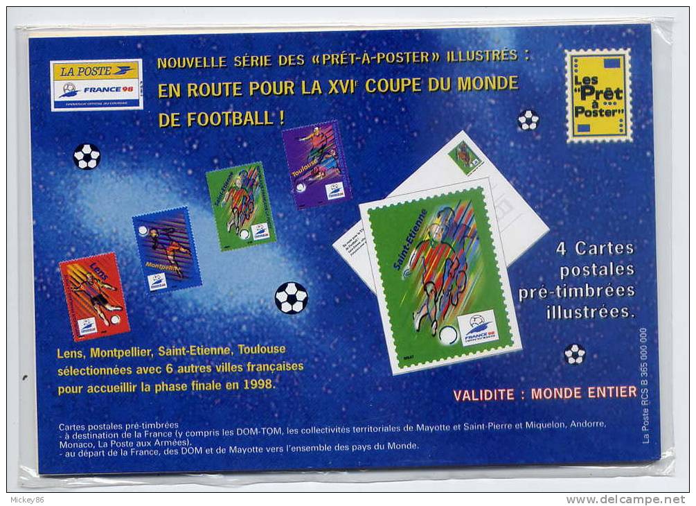 FRANCE 98-Coupe Monde De Football--Série 4 CP Pré-Timbrées (Lens,Montpellier,St Etienne,Toulouse) Sous Blister D'origine - PAP: Sonstige (1995-...)